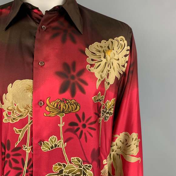 Vintage GUCCI by Tom Ford 2001 Red Floral Silk Button Up Long Sleeve Shirt - Picture 2 of 6
